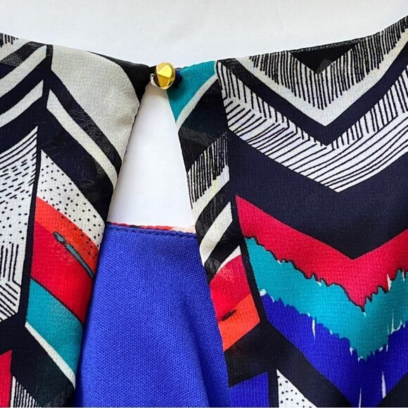 Dex Hi Low Dress Chevron Key Hole Back Lined Striped Blue Red Black Party Sz M - Picture 14 of 15